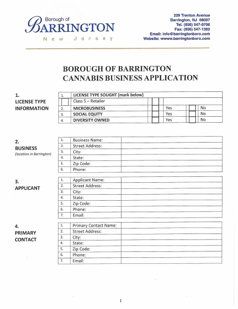 First page of the Cannabis Business Application