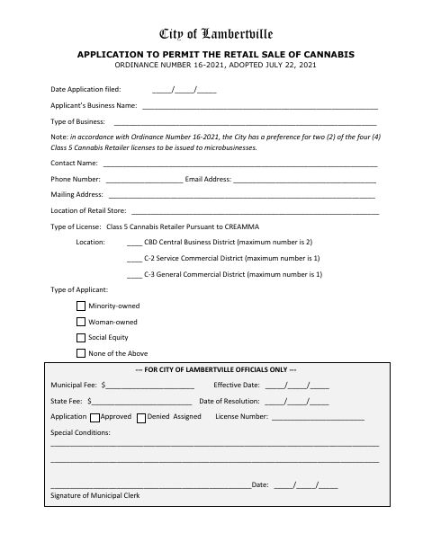 First page of the Application to Permit the Retail Sale of Cannabis