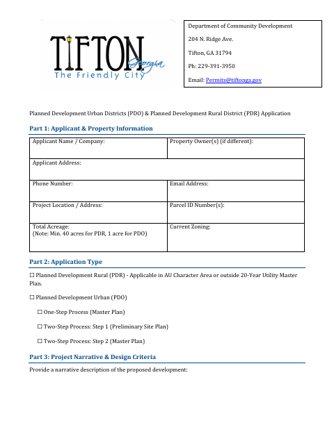 First page of the Planned Development Urban and Rural Districts Application