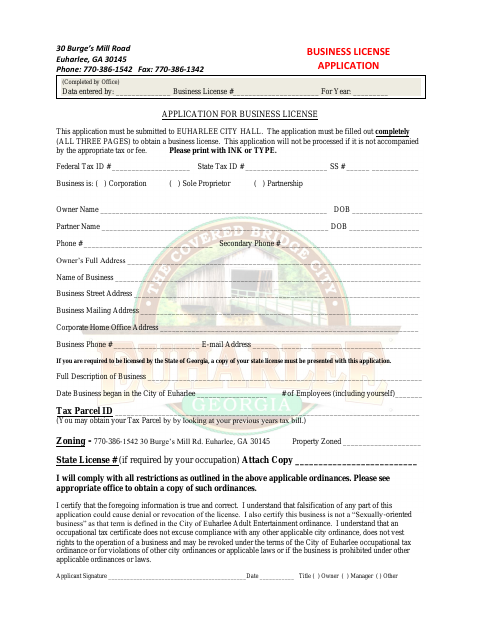 First page of the Business License Application