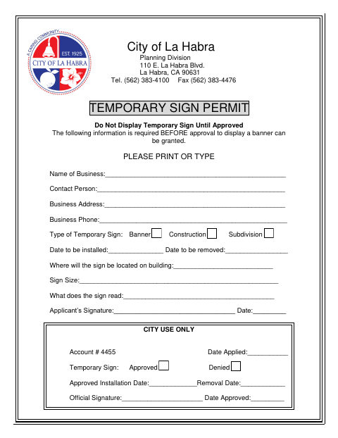 First page of the Temporary Sign Permit