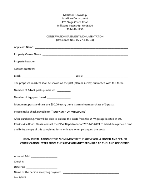 First page of the Conservation Easement Monumentation Application