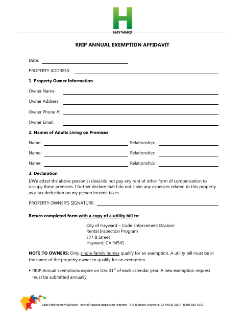 First page of the RRIP Annual Exemption Affidavit