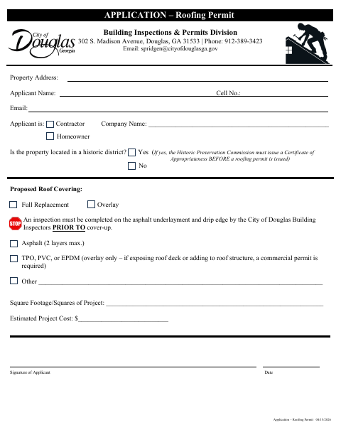 First page of the Roofing Permit Application