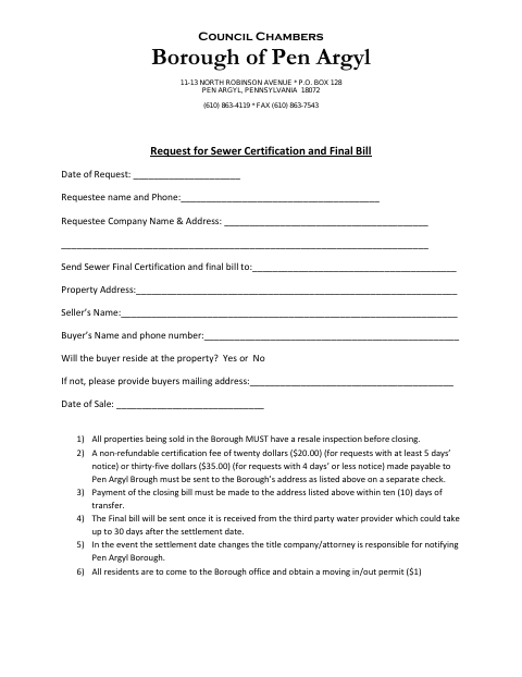 First page of the Request for Sewer Certification and Final Bill