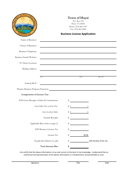 First page of the 2021 Business License Application (BPOL)