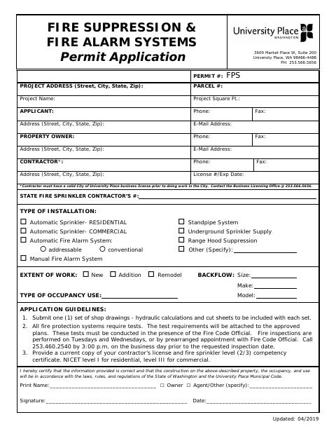 First page of the Fire Suppression and Fire Alarm Systems Permit Application