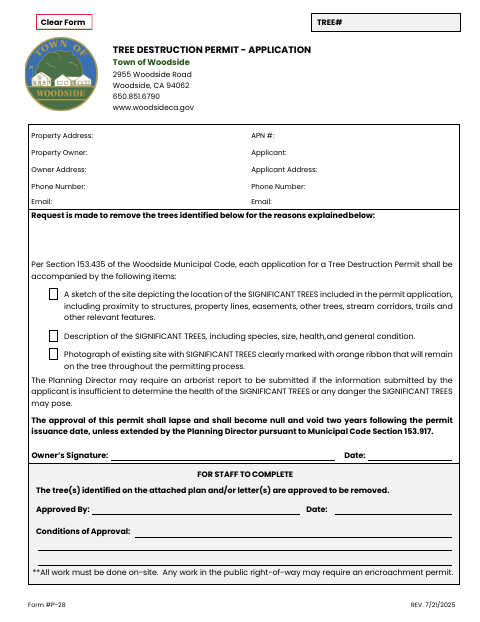 First page of the Tree Destruction Permit Application