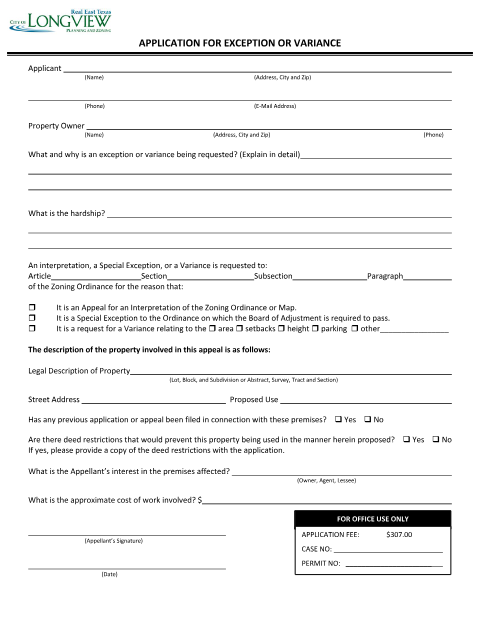 First page of the Application for Exception or Variance