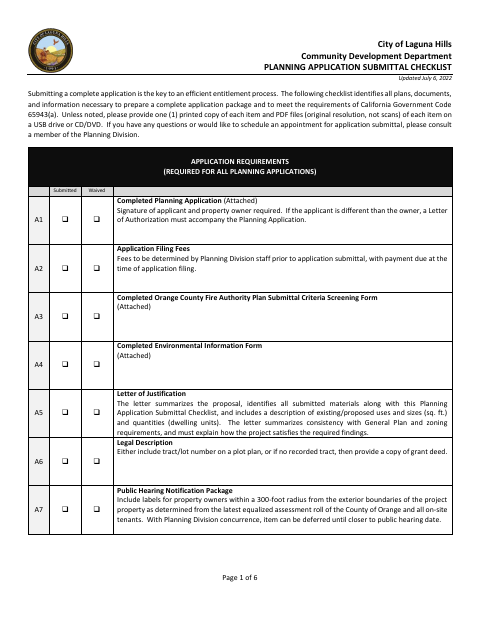 First page of the Planning Application Submittal Checklist