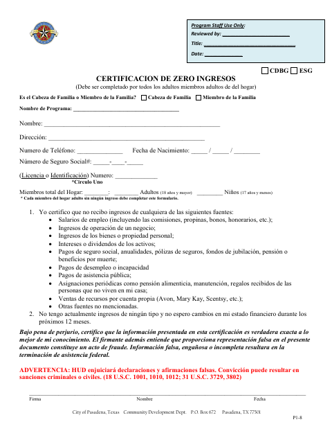 First page of the Zero Income Certification