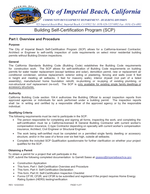 First page of the Building Self-Certification Program Procedures, Application, and Checklist