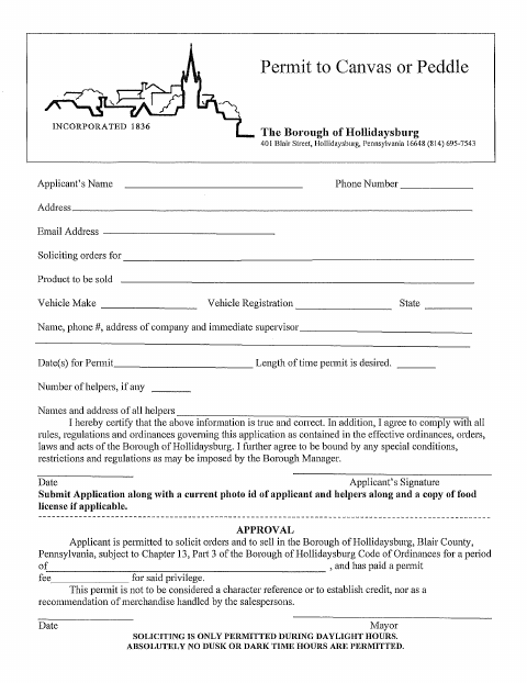 First page of the Permit to Canvas or Peddle