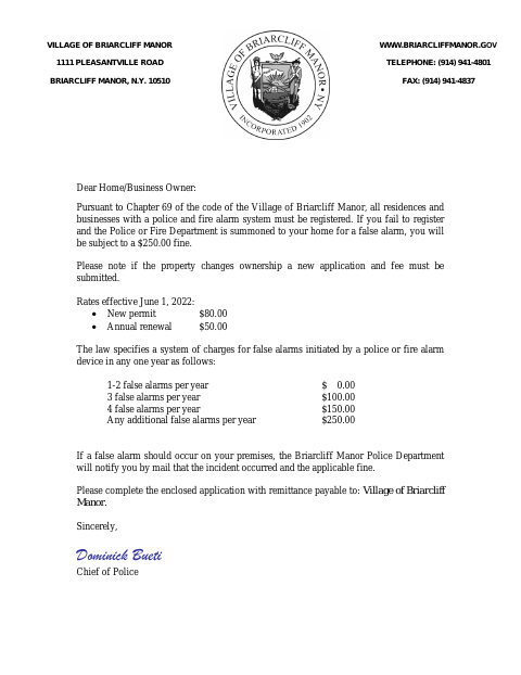 First page of the Alarm Permit Application
