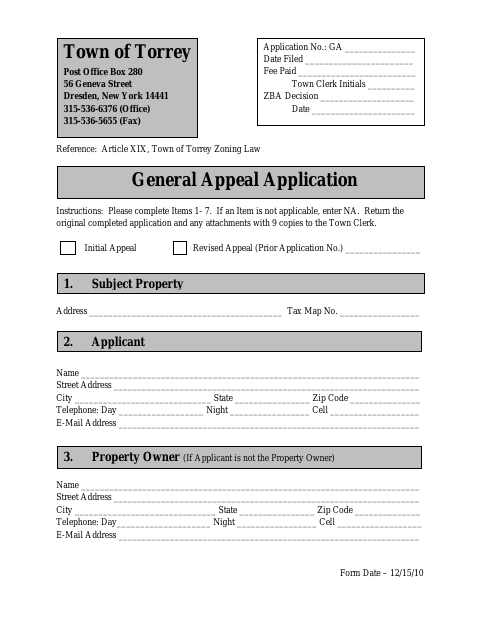 First page of the General Appeals Application