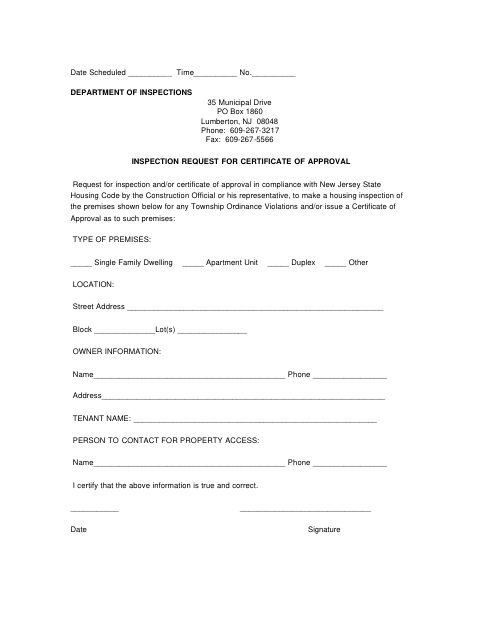 First page of the Inspection Request for Certificate of Approval