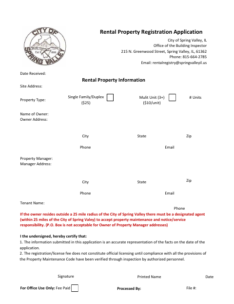 First page of the Rental Property Registration Application