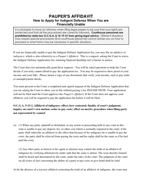 First page of the Indigence and Pauper's Affidavit