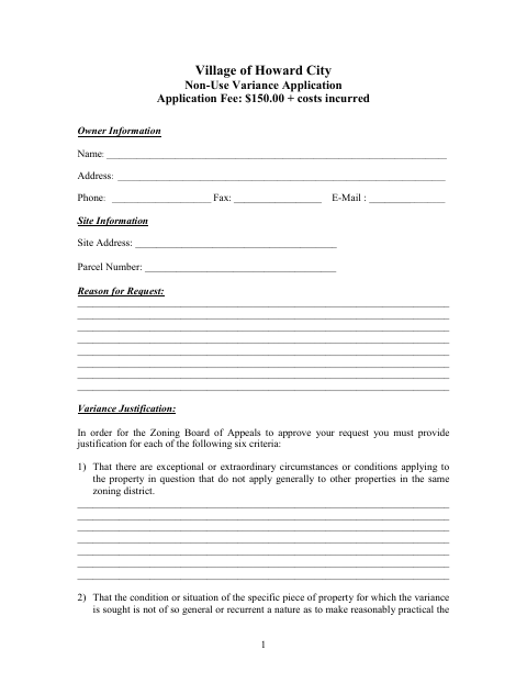 First page of the Non-Use Variance Application