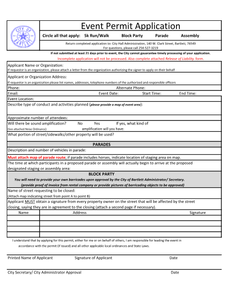First page of the Event Permit Application