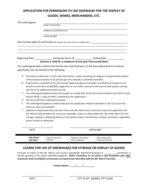 First page of the Application for Permission to Use Sidewalk for Display of Goods