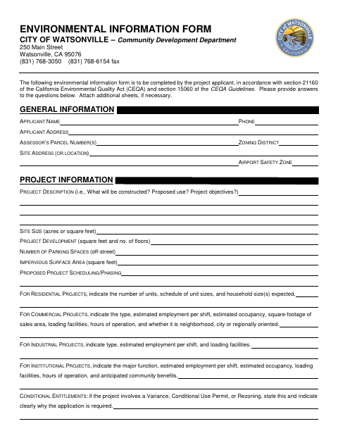 First page of the Environmental Information Form