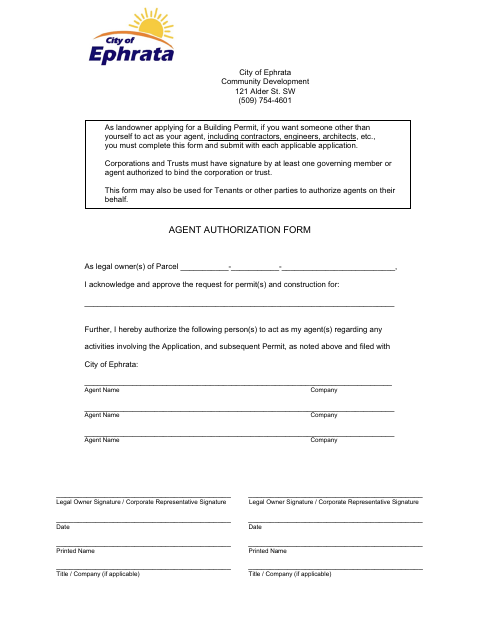 First page of the Agent Authorization Form