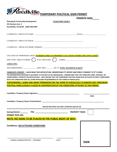 First page of the Temporary Political Sign Permit