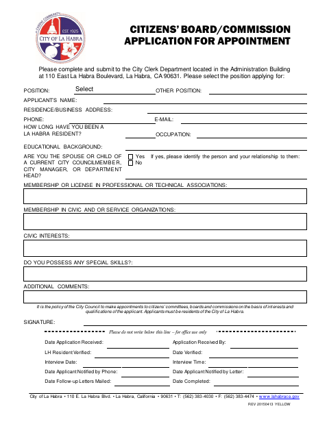First page of the Yellow Citizens’ Board/Commission Application For Appointment