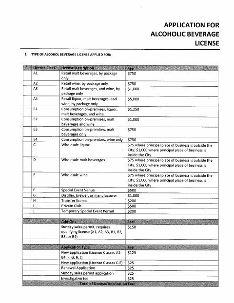 First page of the Alcoholic Beverage License Application