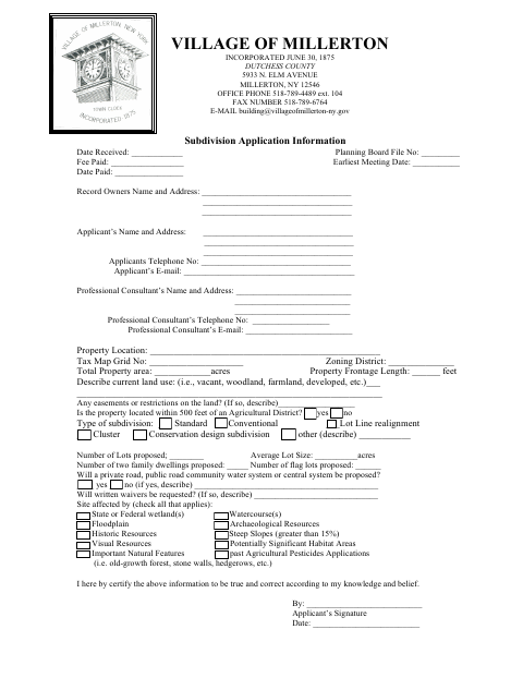 First page of the Subdivision Application
