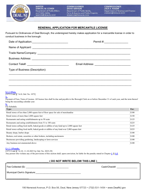 First page of the Renewal Application for Mercantile License