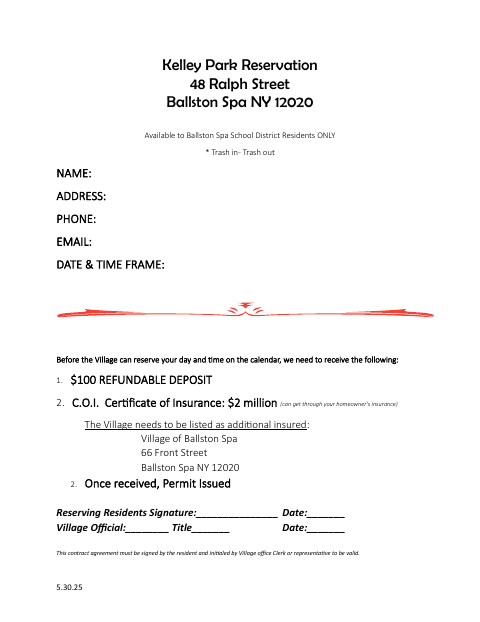 First page of the Kelley Park Reservation Application