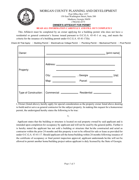 First page of the Owner’s Affidavit for Permit