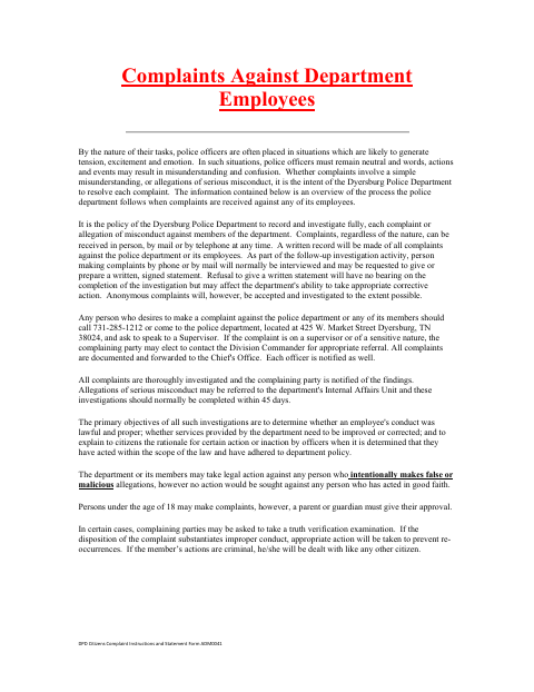 First page of the Citizens Complaint Statement Form