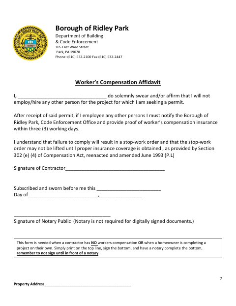 First page of the Workers’ Compensation Affidavit