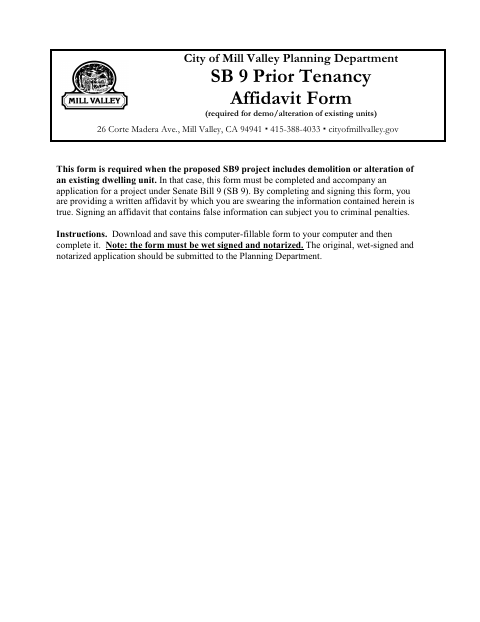 First page of the SB 9 Prior Tenancy Affidavit