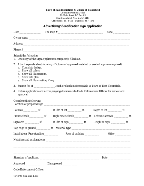 First page of the Advertising/Identification Sign Application