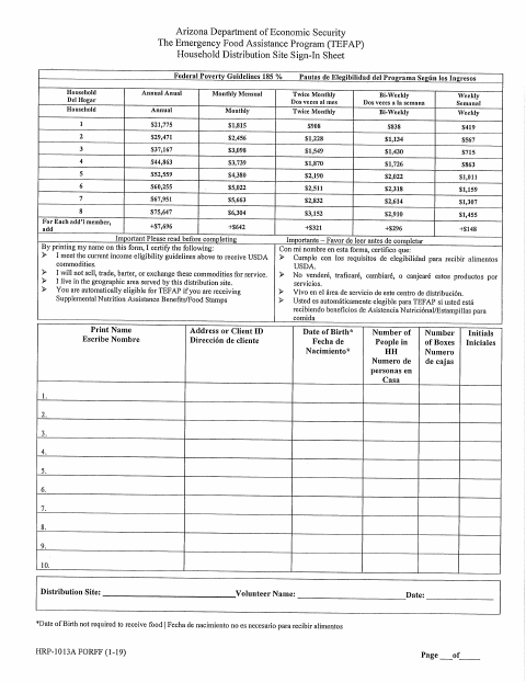 First page of the TEFAP Household Distribution Site Sign-In Sheet