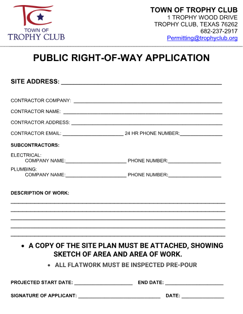 First page of the Right of Way Permit Application