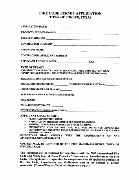 First page of the Fire Code Permit Application