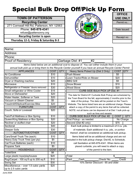 First page of the Special Bulk Drop Off/Pick Up Form