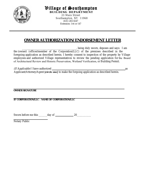 First page of the Owner Authorization and Endorsement Letter