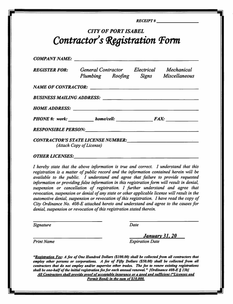 First page of the Contractor Registration Form
