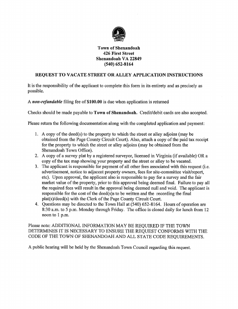 First page of the Request to Vacate Street or Alley Application
