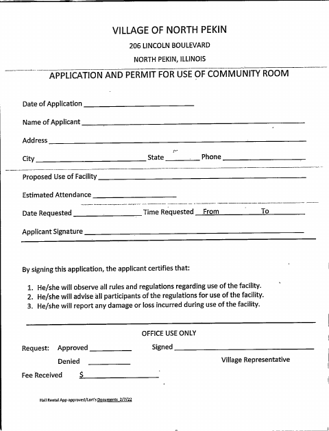 First page of the Application and Permit for Use of Community Room