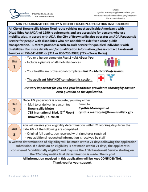 First page of the ADA Paratransit Eligibility & Recertification Application