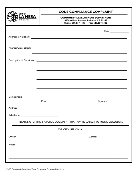 First page of the Code Compliance Complaint