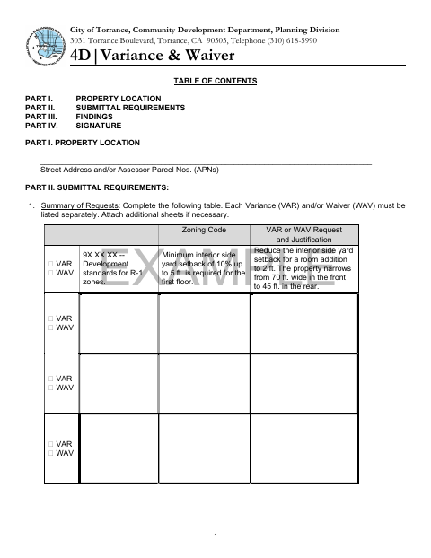 First page of the Variance & Waiver Application