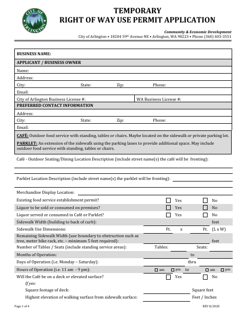 First page of the Temporary Right of Way Use Permit Application